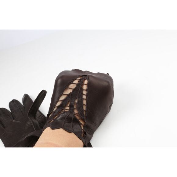 Brown Leather Gloves Crochet Detail Size 7.5 - Picture 6 of 8